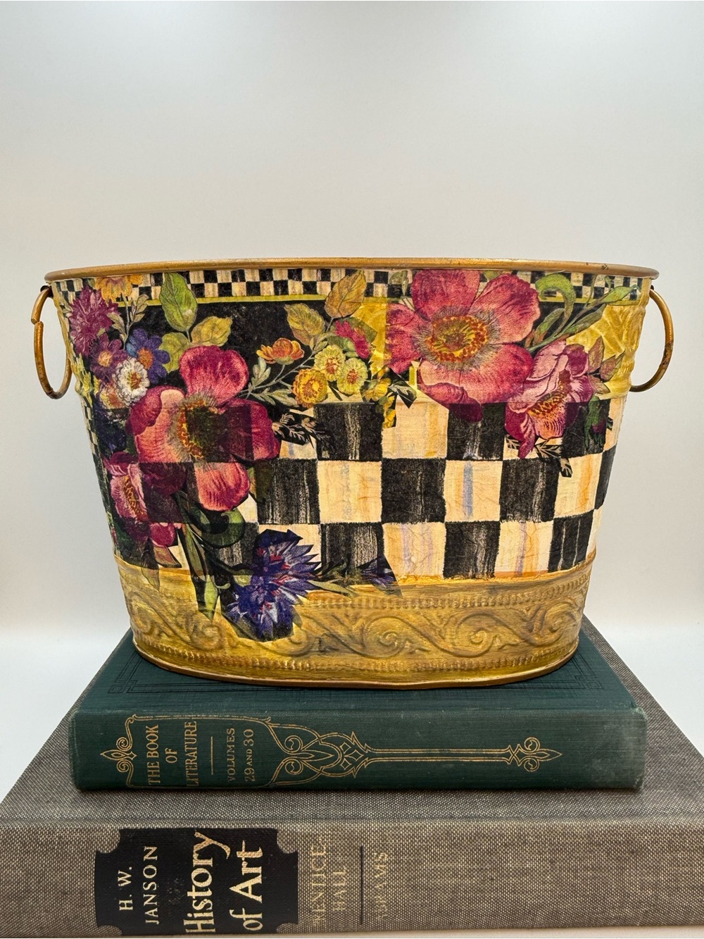 Vintage Decoupage Tin Metal Container Planter in MacKenzie- Childs Style